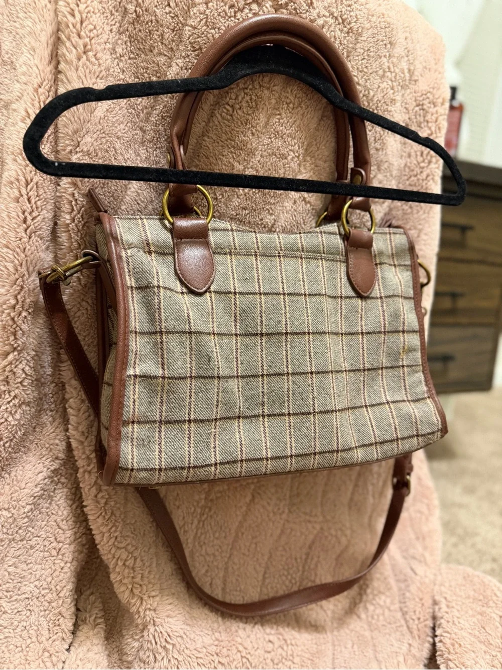 Frye & Co Brown Plaid Satchel Crossbody Bag Tweed Shoulder Purse